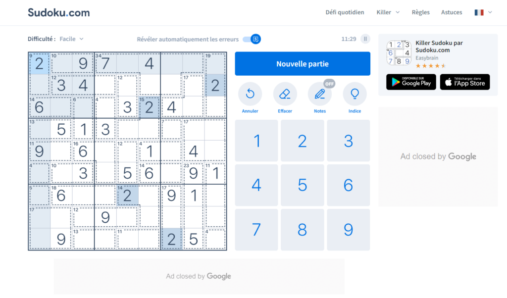 grille de sudoku killer accessible gratuitement.